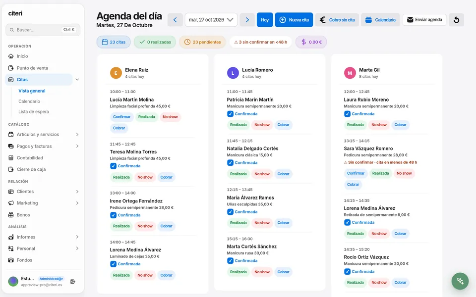 Agenda diaria de Citeri Pro organizada por profesional, con hora, servicio y estado de cada cita