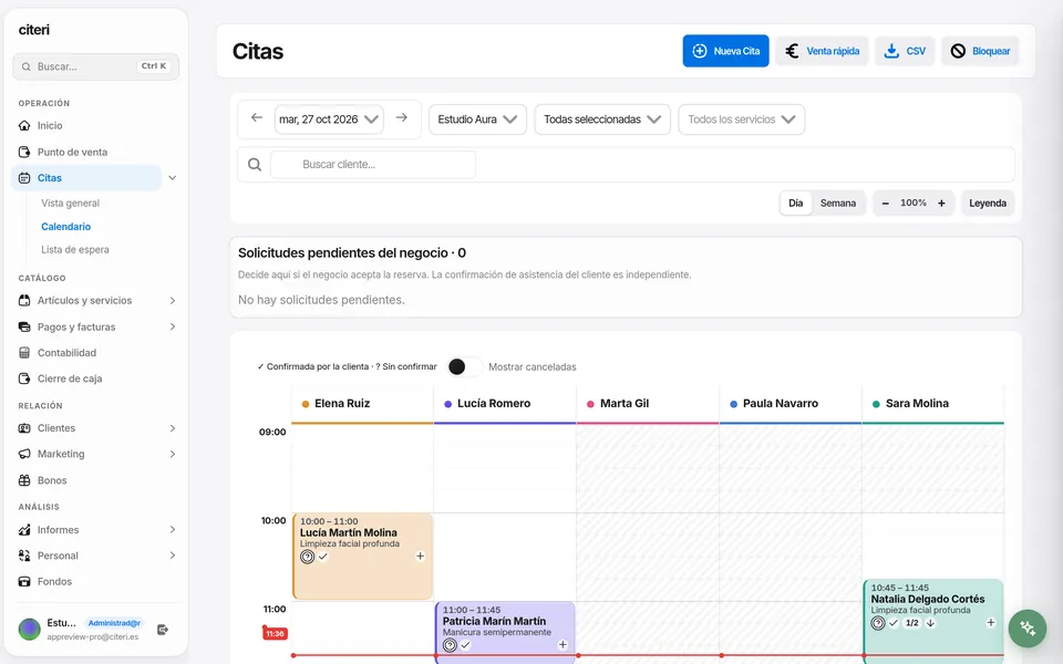 Citas confirmadas y pendientes en Citeri Pro